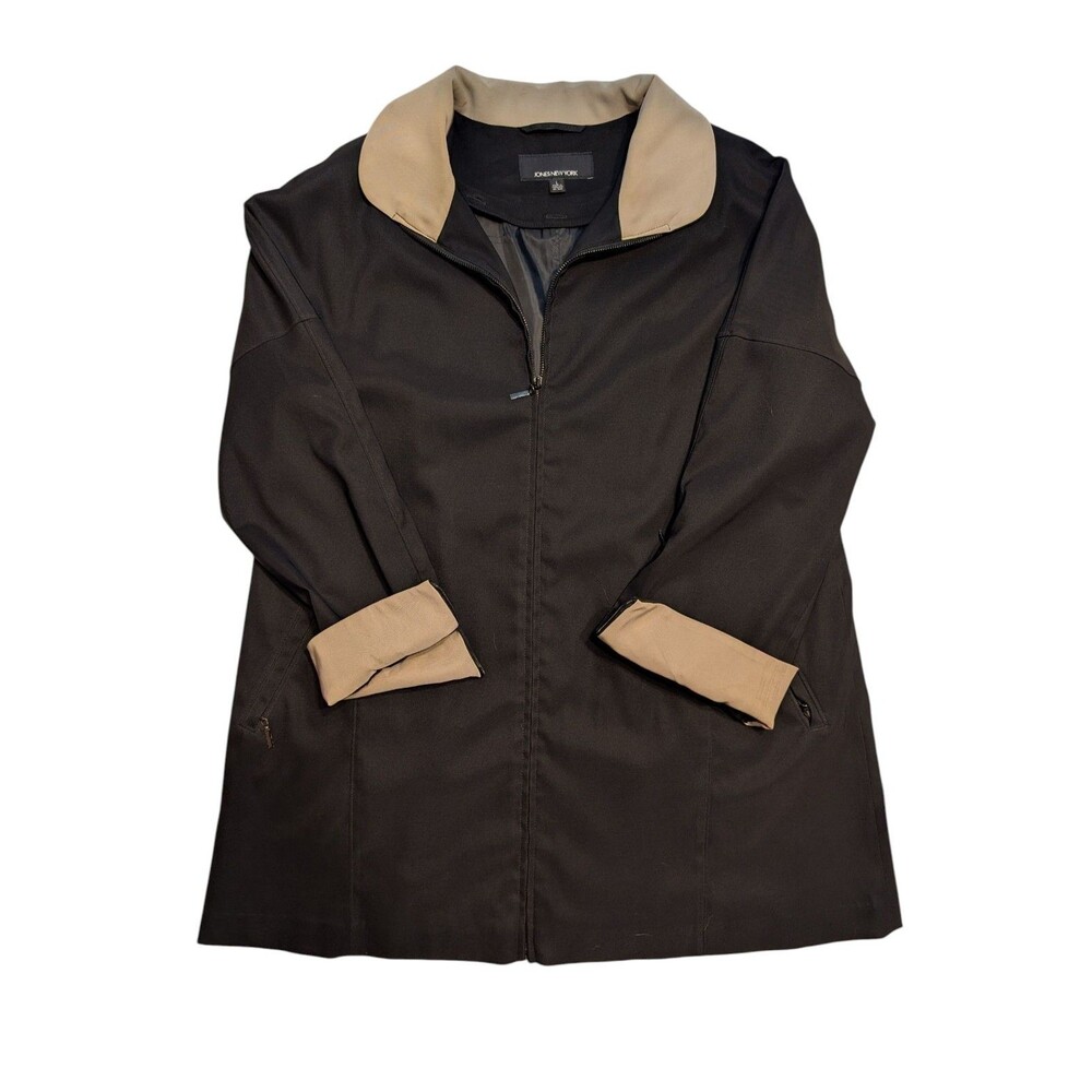 Jones New York Coat Womens L Black Trench Long Beige Collar and Sleeve Lined